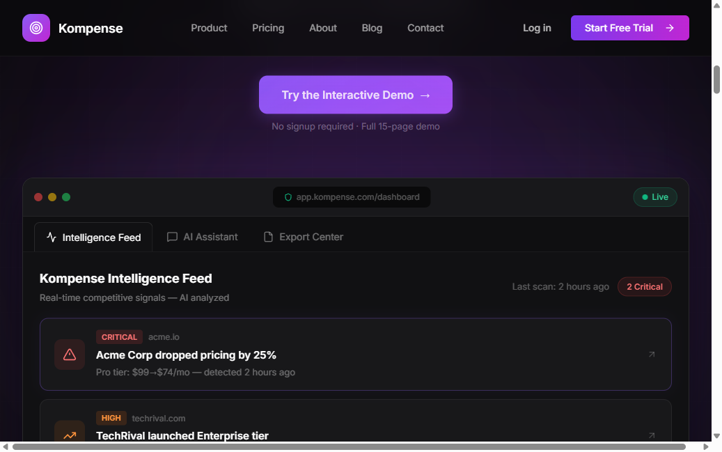 Kompense Dashboard - Intelligence Feed